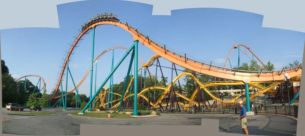 atlanta, fast, orange, panorama, rollercoaster, sixflags, sky, thrilling, twisty