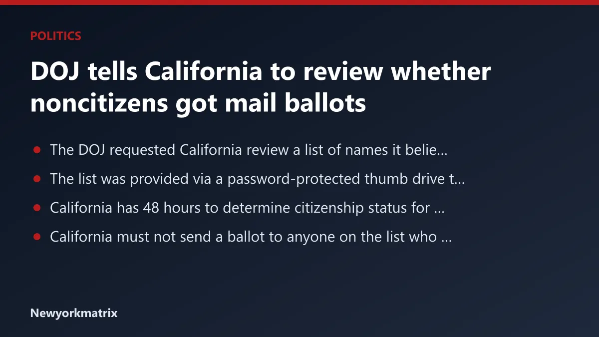 Headline card: DOJ tells California to review whether noncitizens got mail ballots
