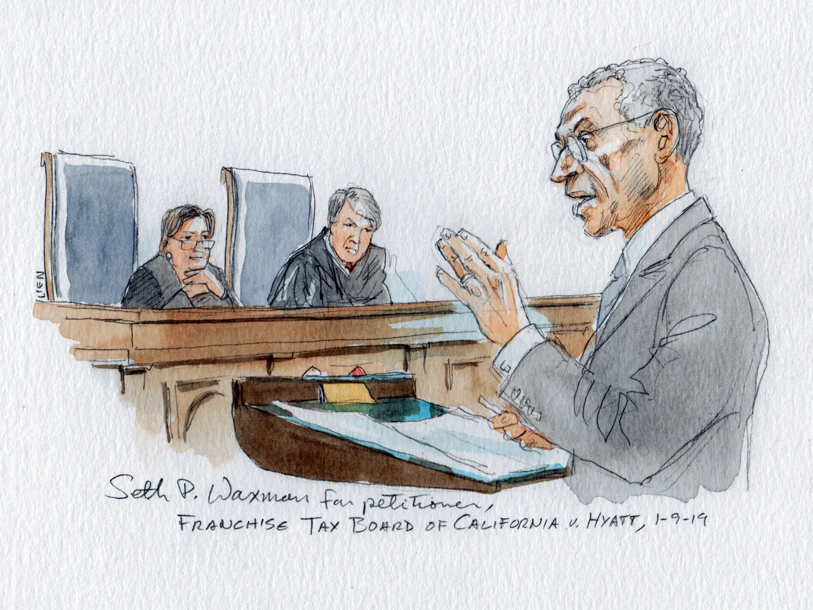 Seth P. Waxman presents oral arguments before the US Supreme Court in the case Franchise Tax Board of California v. Hyatt . He represents the petitioner, the Franchise Tax Board of California. In the background, Justices Elena Kagan and Brett Kavanaugh look on.